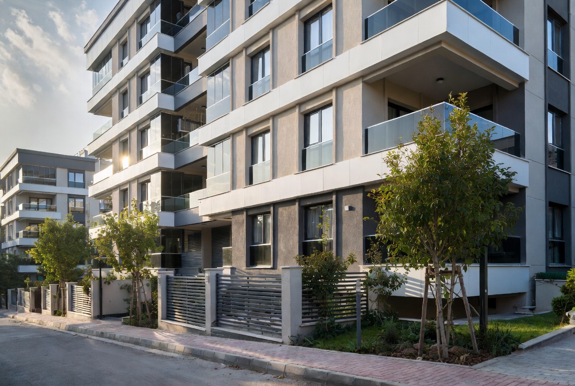 Sokak cephesi ve çevre düzeni görünen çağdaş bir apartman
